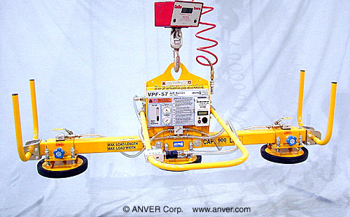 ANVER VPF-57/30-AIR + L90M3-61FP air powered vacuum generator with three pad lifting frame for lifting & handling bluestone slabs 8 ft x 6 ft (2.4 m x 1.8 m) up to 900 lb (408 kg)