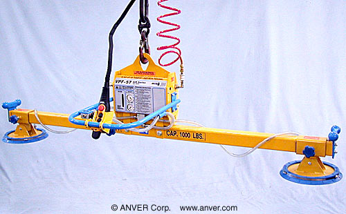 ANVER VPF-57/20-AIR + L100M2-86 air powered vacuum generator with two pad lifting frame: lifting & handling steel sheet 8 ft x 6 ft (2.4 m x 1.8 m) up to 1000 lb (454 kg)