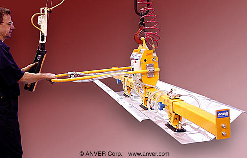 ANVER VPF-57/20-AIR + L37.5M3-110OC air powered vacuum generator with three pad lifting frame with OC32-100 oval pads for lifting & handling formed panels 12 ft x 3 ft (3.7 m x 1.0 m) up to 375 lb (170 kg)