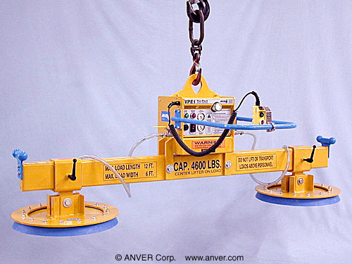 ANVER E460M2-86 two pad electric powered vacuum lifter: lifting & handling aluminum plate 12 ft x 6 ft (3.7 m x 1.8 m) up to 4600 lb (2086 kg)