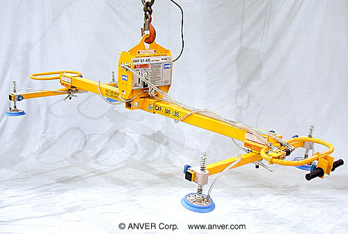 ANVER VPF-57-AC + L50M4-86-2/44 + PH-402 electric powered vacuum generator with four pad lifting frame, end-of-beam handlebar, generator cross-mounting adapter and pendant holster for lifting & handling steel sheet 12 ft x 6 ft (3.7 m x 1.8 m) up to 500 lb (227 kg)