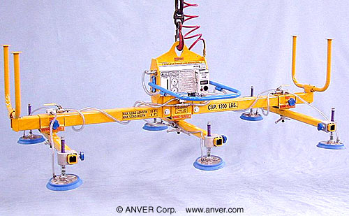 ANVER VPF-57-AIR + L120M6-110-3/44 air powered vacuum generator with six pad lifting frame: lifting & handling steel sheet 12 ft x 6 ft (3.6 m x 1.8 m) up to 1200 lb (544 kg)