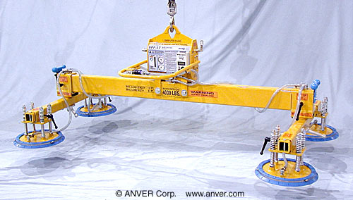 ANVER VPF-57/20HD-AIR + L400M4-86-2/44 air powered vacuum generator with four pad lifting frame for lifting & handling steel plate 12 ft x 6 ft (3.6 m x 1.8 m) up to 4000 lb (1814 kg)