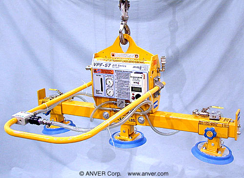 ANVER VPF-57/20-AIR + L75M3-48 air powered vacuum generator with three pad lifting frame for lifting & handling aluminum and rubber sheets 6 ft x 5 ft (1.8 m x 1.5 m) up to 750 lb (340 kg)
