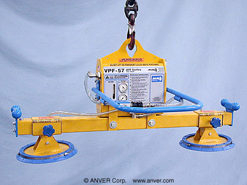 ANVER VPF-57-AIR + L100M2-48 air powered vacuum generator with two pad lifting frame: lifting & handling steel sheet 7 ft x 4 ft (2.1 m x 1.2 m) up to 1000 lb (454 kg)