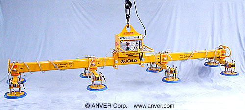 ANVER VPE3-H + L800M8-190-4/44 electric powered heavy duty vacuum generator with eight pad lifting frame: lifting & handling steel sheet 20 ft x 8 ft (6.1 m x 2.4 m) up to 8000 lb (3627 kg)