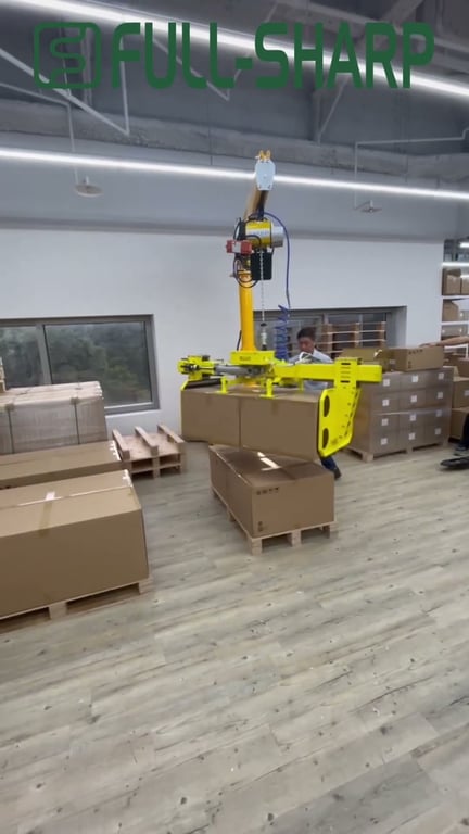 Cầu trục xoay treo tool kẹp hai thùng giấy cùng lúc
