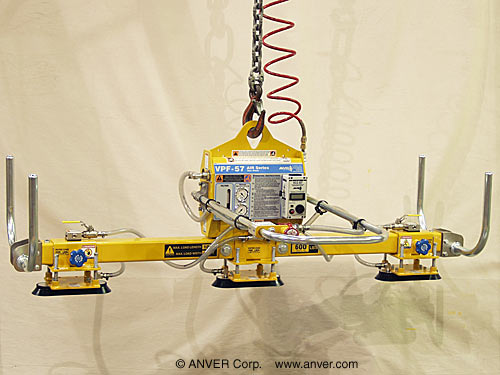 ANVER VPF-57/20-AIR + L60M3-86OC air powered vacuum generator with three pad lifting frame for lifting & handling limestone slabs 10 ft x 2 ft (3.1 m x 0.6 m) up to 600 lbs (272 kg)