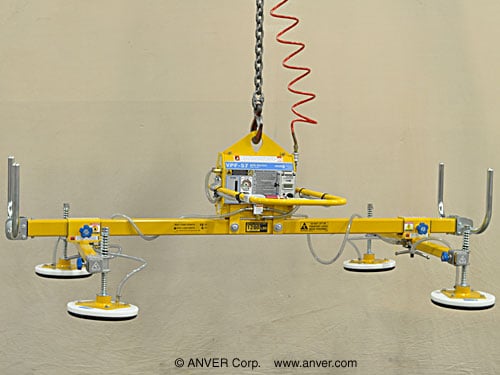 ANVER VPF-57-AC + L120M4-86-2/44FP electric powered vacuum generator with four pad lifting frame with foam pads for lifting & handling diamond tread plate 12 ft x 6 ft (3.7 m x 1.8 m) up to 1200 lb (544 kg)