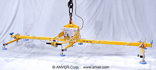 ANVER VPF-57-AC with L60M6-150-3/44 with HBXK-12-F and PH-350: lifting & handling sheet metal panels 14 ft x 4 ft (4.3 m x 1.2 m) up to 600 lb (272 kg)