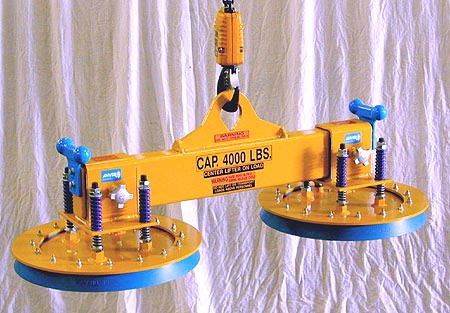 ANVER LB400-40 lifting beam with PS215Q-NBR360 pad suspensions: lifting & handling thick steel plate 5 ft x 3 ft (1.5 m x 1.0 m) weighing up to 4000 lb (1814 kg)