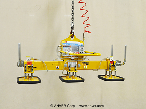 ANVER VPF-57/30HD-AIR + L300M3-61FP air powered vacuum generator with three pad lifting frame with foam pads for lifting concrete blocks 8 ft x 6 ft (2.4 m x 1.8 m) up to 3000 lbs (1361 kg)