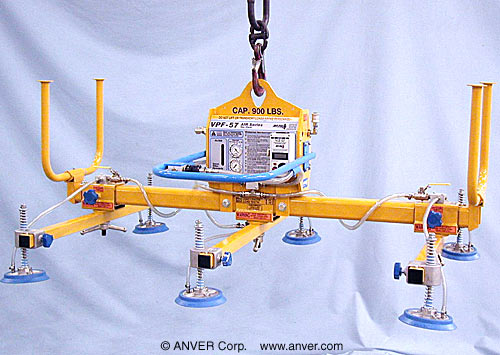ANVER VPF-57/20-AIR + L90M6-61-3/44 six pad air powered vacuum lifter: lifting & handling non-porous or semi-porous material 8 ft x 6 ft (2.4 m x 1.8 m) weighing up to 900 lb (408 kg)