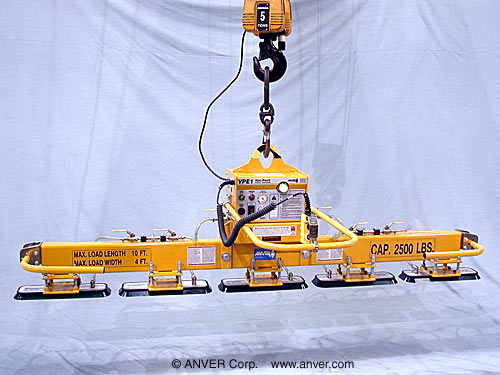 ANVER VPE1-HD + L250M5-90FX-OC electric powered vacuum generator with five pad inline lifting frame for lifting & handling metal plate 10 ft x 4 ft (3.0 m x 1.2 m) up to 2500 lb (1134 kg)