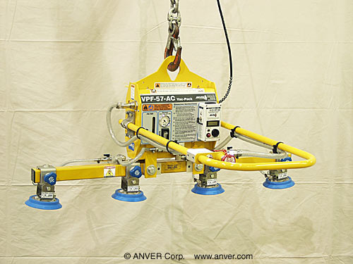ANVER VPF-57-AC + PA60-4-48-3 electric powered vacuum generator with four pad inline attachment for lifting & handling raw billets up to 440 lbs (200 kg)