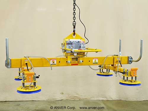 ANVER VPF-57HD-AC + L300M4-86-2/44 electric powered vacuum generator with four pad lifting frame and parking stands for lifting & handling steel sheets 12 ft x 6 ft (3.7 m x 1.8 m) up to 3000 lbs (1361 kg)