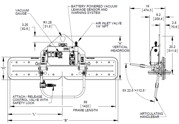 Dimension drawing of two pad GUP lifter