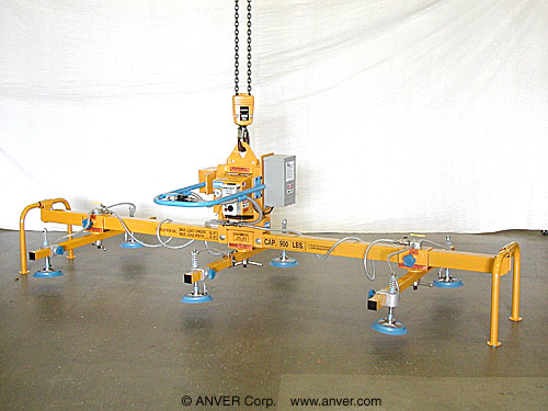 ANVER E90M6-110-3/44 six pad electric powered vacuum lifter: lifting & handling oiled steel sheet, 12 ft x 6 ft (3.7 m x 1.8 m) weighing up to 900 lb (408 kg)
