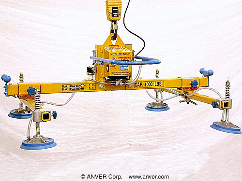 ANVER E100M4-61-2/44 four pad electric powered vacuum lifter: lifting & handling steel plate 10 ft x 6 ft (3.0 m x 1.8 m) weighing up to 1000 lb (454 kg)