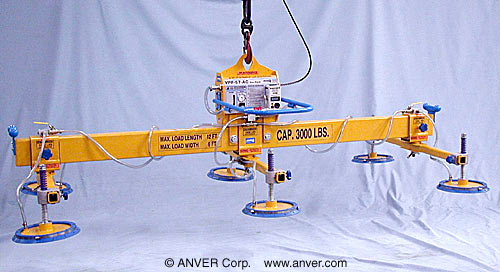 ANVER VPF-57HD-AC + L300M6-110-3/44 six pad electric powered vacuum lifter: lifting & handling steel sheets 12 ft x 6 ft (3.6 m x 1.8 m) up to 3000 lb (1361 kg)
