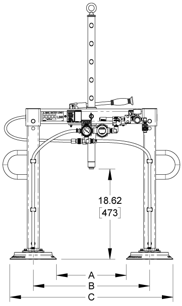 WCAL welding hold-down clamp dimension drawing A, B, C