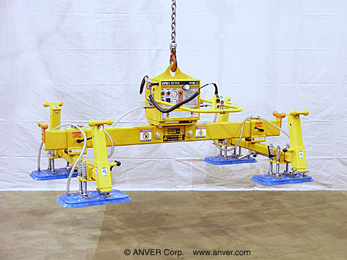ANVER VPE1-HD + L440M4-86-2/44 four pad electric powered lifter with four pad lifting frame for lifting & handling metal panels 12 ft x 6 ft (3.7 m x 1.8 m) up to 4400 lbs (1996 kg)