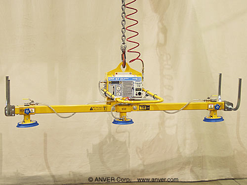 ANVER VPF-57-AIR + L75M3-110 three pad air powered vacuum lifter: lifting & handling metal sheet and plate 12 ft x 5 ft (3.6 m x 1.5 m) weighing up to 750 lb (340 kg)