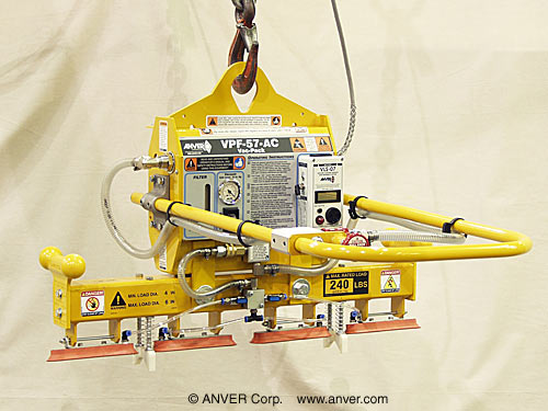 ANVER electric powered vacuum generator with four pad inline pad attachment for lifting & handling cylindrical metal ingots 4″ to 6″ in diameter up to 240 lbs (109 kg)