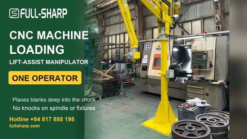 Loading CNC machines with lift-assist arms: one operator, no strain