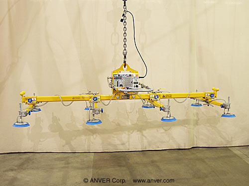 ANVER VPF-57-AC + L160M8-110-4/44 eight pad electric powered vacuum lifter: lifting & handling steel sheet 12 ft x 6 ft (3.7 m x 1.8 m) weighing up to 1600 lb (726 kg)