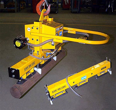 ANVER electric powered vacuum lifter with interchangeable pipe lifting attachments for lifting steel tubes, 2.5 in. (63 mm) to 5.5 in. (140 mm) dia. x 36 in. (914 mm) long weighing either 100 lb (45 kg) or 200 lb (91 kg)