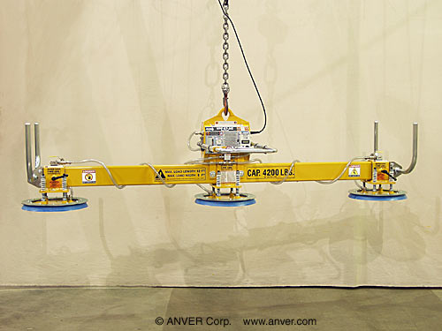 ANVER VPF-57HD-AC + L420M3-110 electric powered vacuum generator with three pad lifting frame for lifting & handling aluminum plate 12 ft x 6 ft (3.7 m x 1.8 m) up to 4200 lbs (1905 kg)