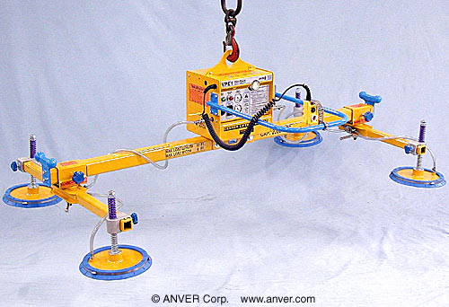 ANVER VPE1-FD + L200M4-86-2/44 electric powered vacuum generator with four pad lifting frame: lifting & handling steel sheet 12 ft x 6 ft (3.7 m x 1.8 m) up to 2000 lb (907 kg)