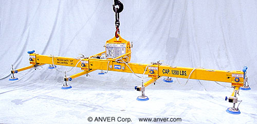 ANVER VPF-57/20HD-AIR with L120M8-150-4/44: lifting & handling steel plate 16 ft x 8 ft (4.9 m x 2.4 m) up to 1200 lb (544 kg)