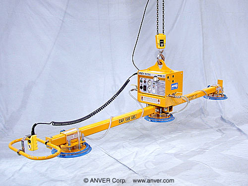 ANVER VPE1-FD + L150M3-110 electric powered vacuum generator with three pad inline lifting frame, generator cross-mount adapter and end of beam handlebar controls for lifting & handling steel plate 12 ft x 6 ft (3.7 m x 1.8 m) up to 1500 lb (680 kg)