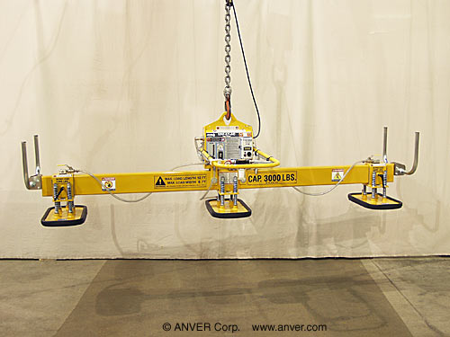 ANVER VPF-57HD-AC + L300M3-110FP electric powered vacuum generator with three pad lifting frame and foam seal pads for lifting & handling marble slabs 12 ft x 6 ft (3.7 m x 1.8 m) up to 3000 lbs (1361 kg)