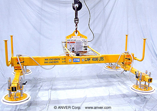 ANVER VPF-57HD-AC240-L + L400M4-86-2/65SI electric powered vacuum generator (240 V) with four pad lifting frame with silicone sealing rings for lifting & handling titanium sheet and plate at 300° temperatures, 11 ft x 11 ft (3.4 m x 3.4 m) up to 4000 lb (1814 kg)