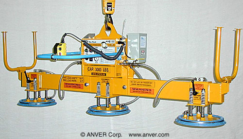 ANVER E300M3-150 three pad in-line electric powered vacuum lifter: lifting & handling steel sheets, 16 ft x 6 ft (4.9 m x 1.8 m) up to 3000 lb (1361 kg)