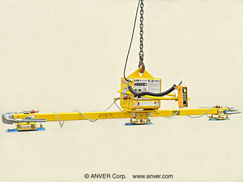 ANVER VPE1-FD + L60M3L-110-OC electric powered vacuum generator with three pad lifting frame for lifting & handling stainless steel bars up to 600 lb (272 kg)
