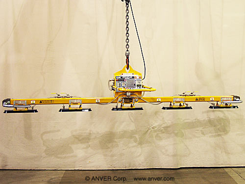 ANVER VPF-57-AC + L200M5-120OC-FX electric powered vacuum generator with five pad inline lifting frame for lifting & handling metal plate up to 154 in. x 8.5 in. (3.9 m x 0.2 m) up to 2000 lb (907 kg)