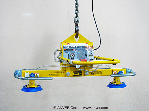 ANVER VPF-57-AC + L50M2-48 electric powered vacuum generator with two pad lifting frame: lifting & handling small steel sheets 7 ft x 4 ft (2.1 m x 1.2 m) up to 500 lb (227 kg)