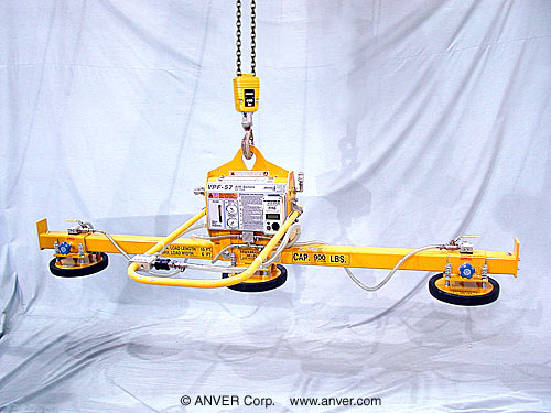 ANVER VPF-57/20-AIR + L90M3-86FP air powered vacuum generator with three pad lifting frame with foam pads for lifting & handling countertops 10 ft x 6 ft (3.0 m x 1.8 m) up to 900 lb (408 kg)