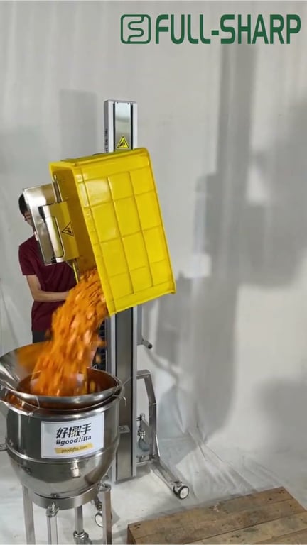 Xe nâng điện phòng sạch kẹp khay nhựa, xoay đổ nguyên liệu