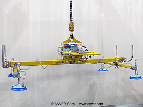 ANVER VPF-57-AC + L100M4-86-2/44 electric powered vacuum generator with four pad lifting frame for lifting & handling steel plate 12 ft x 6 ft (3.7 m x 1.8 m) up to 1000 lb (454 kg)