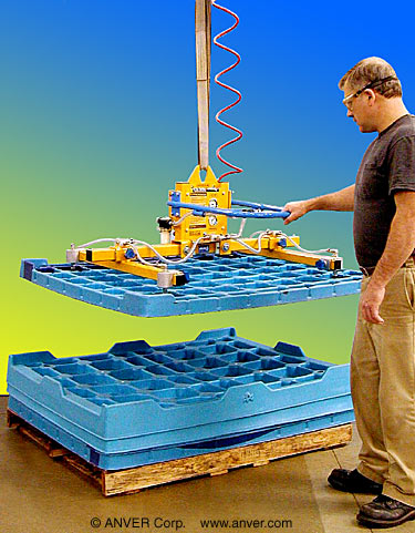 ANVER A12M4-48-2/36 air powered vacuum generator with four pad lifting frame for lifting & handling plastic dividers 5 ft x 4 ft (1.5 m x 1.2 m) up to 120 lb (54 kg)
