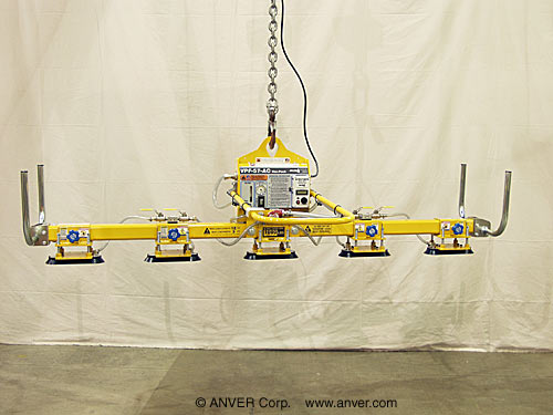 ANVER VPF-57-AC240 + L100M5-86-OC electric powered vacuum generator with five pad inline lifting frame for lifting & handling steel plates 12 ft x 3 ft (3.7 m x 0.9 m) up to 1000 lb (454 kg)