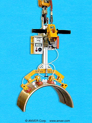 ANVER custom air powered vacuum pick-up unit with four pad attachment for lifting curved plates weighing up to 100 lb (45 kg)