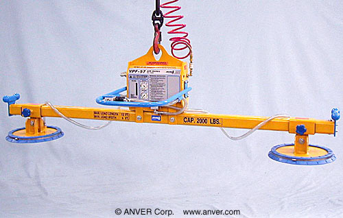 ANVER VPF-57/20-AIR + L200M2-86 two pad air powered vacuum lifter: lifting & handling copper plate, 12 ft x 6 ft (3.6 m x 1.8 m) up to 2000 lb (907 kg)