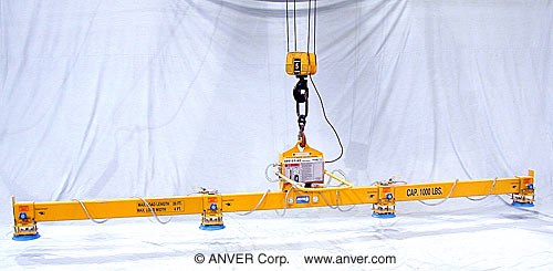 ANVER VPF-57HD-AC + L100M4-190 electric powered vacuum generator with custom four pad lifting frame for lifting & handling steel plate 20 ft x 4 ft (6.1 m x 1.2 m) up to 1000 lb (454 kg)