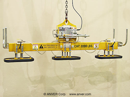 ANVER VPF-57HD-AC + 76500347 electric vacuum generator with custom three pad lifting frame for lifting & handling stone slabs 10 ft x 6 ft (3.1 m x 1.8 m) up to 3000 lbs (1361 kg)